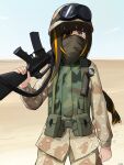  1girl absurdres artist_name assault_rifle braid camouflage cowboy_shot desert desert_camouflage eyepatch gamryous girls_frontline goggles goggles_on_headwear gun hat highres holding holding_gun holding_weapon long_hair long_sleeves looking_at_viewer m16 m16a1_(girls&#039;_frontline) mask military_hat military_uniform mole mole_under_eye multicolored_hair orange_hair outdoors rifle scar smile solo streaked_hair uniform weapon 