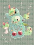  :d animal_focus argyle argyle_background beak bird border chikorita closed_eyes colored_skin commentary_request floating green_background green_skin gulpin hanabusaoekaki highres leaf natu no_humans open_mouth pokemon pokemon_(creature) ralts red_eyes reuniclus smile solid_oval_eyes white_border 