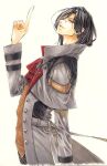  1boy ascot black_hair black_pants border brown_vest capelet coat fading_border from_side grey_capelet grey_coat hand_up highres index_finger_raised lapel_pin long_sleeves looking_at_viewer looking_to_the_side male_focus medium_hair monocle nijisanji open_clothes open_coat pants parted_bangs parted_lips red_ascot shellin_burgundy simple_background smile solo trench_coat vest virtual_youtuber white_background white_border yellow_eyes yukot 