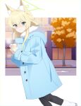  1girl animal_ear_fluff animal_ears black_pantyhose blonde_hair blue_archive blue_coat blush boots coat coffee_cup cup disposable_cup eko fox_ears fur-trimmed_coat fur_trim green_eyes green_halo halo highres holding holding_cup kurumi_(blue_archive) long_hair long_sleeves looking_at_viewer open_mouth pantyhose solo white_footwear 