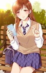  1girl bag blue_necktie blue_skirt blush breasts brown_eyes brown_hair brown_sweater_vest bush cellphone closed_mouth dot_nose earphones gen_(enji) gradient_sky hands_up holding holding_earphones holding_phone idolmaster idolmaster_cinderella_girls idolmaster_cinderella_girls_starlight_stage long_hair long_sleeves looking_at_viewer medium_breasts necktie nitta_minami outdoors phone plaid plaid_skirt pleated_skirt school_bag school_uniform shirt sitting sitting_on_bench skirt sky smartphone smile solo striped_necktie sunset sweater_vest twitter_username white_shirt 