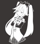  1girl bare_shoulders blush buriki_no_dance_(vocaloid) closed_eyes crossed_arms crown detached_sleeves hair_between_eyes hair_ornament hatsune_miku long_hair looking_at_viewer monochrome necktie open_mouth pleated_skirt shirt skirt sleeves_past_fingers sleeves_past_wrists solo spotted_skirt star-shaped_pupils star_(symbol) symbol-shaped_pupils tsunotsuki_(uguisu_maccha) twintails v-shaped_eyebrows very_long_hair vocaloid 