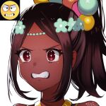  1girl angry bare_shoulders circlet clenched_teeth dark-skinned_female dark_skin emoji fire_emblem fire_emblem_engage high_ponytail kyosuke1413koba pearl_hair_ornament portrait sidelocks solo star_(symbol) star_in_eye symbol_in_eye teeth timerra_(fire_emblem) 