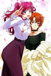  2girls :d absurdres belt black_belt black_choker black_dress bracelet brown_hair choker closed_mouth collarbone dress hand_on_another&#039;s_shoulder highres jewelry kibou_no_chikara_~otona_precure_&#039;23~ long_hair long_skirt looking_at_viewer multiple_girls nail_polish nakajima_atsuko natsuki_rin off-shoulder_dress off_shoulder open_mouth orange_nails pink_nails precure purple_skirt red_eyes redhead short_hair skirt smile sweater v violet_eyes white_sweater yes!_precure_5 yumehara_nozomi 