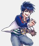  1boy black_hair blue_jacket blue_pants commentary_request denim foot_out_of_frame green_shirt grey_background grey_eyes jacket jeans jewelry katatsumuri_(kataaaaaaaaa) letterman_jacket long_sleeves looking_at_viewer male_focus medium_bangs necklace one_eye_closed open_clothes open_jacket open_mouth pants pen ring ring_necklace shirt short_hair simple_background smile solo striped striped_jacket striped_shirt teeth tobaku_haouden_zero tongue ukai_zero white_jacket white_shirt 