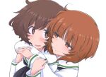  2girls akiyama_yukari blush brown_eyes brown_hair closed_mouth girls_und_panzer hazuki_haru hug hug_from_behind long_sleeves looking_at_another multiple_girls nishizumi_miho open_mouth school_uniform serafuku shirt short_hair simple_background upper_body white_background white_shirt yuri 