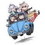  5girls after-school_sweets_club_(blue_archive) ahoge airi_(blue_archive) ak-47 animal_ears assault_rifle black_hair black_jacket black_neckerchief black_thighhighs blonde_hair blue_archive blue_hair buttons car cat_ears clenched_teeth closed_eyes closed_mouth colored_inner_hair convertible driving green_eyes green_halo gun hair_ornament halo highres holding holding_gun holding_weapon hood hooded_jacket jacket kalashnikov_rifle kazusa_(blue_archive) long_hair motor_vehicle multicolored_hair multiple_girls natsu_(blue_archive) neckerchief open_mouth pink_eyes pink_hair pink_halo red_jacket red_neckerchief reisa_(blue_archive) rifle sailor_collar short_hair side_ponytail simple_background star_(symbol) star_hair_ornament steering_wheel sunglasses teeth thigh-highs track_jacket twintails volkswagen_beetle washin weapon white_background white_sailor_collar yellow_halo yoshimi_(blue_archive) 