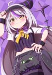  1girl alternate_costume ascot black_horns black_nails braid braided_bangs chain cleavage_cutout clothing_cutout crow_(la+_darknesss) fang fang_out grey_hair highres hololive horns la+_darknesss long_hair moromoro_(mromro1129) multicolored_hair navel pointy_ears purple_hair streaked_hair striped_horns virtual_youtuber wrist_cuffs 