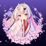  1girl absurdres blush braid center-flap_bangs cherry_blossoms colored_inner_hair commentary_request cropped_torso eyelashes falling_petals highres hololive horns japanese_clothes kimono looking_at_viewer multicolored_hair nakiri_ayame oni oni_horns petals pink_hair purple_background red_eyes red_ribbon rgrey00 ribbon ribbon-trimmed_sleeves ribbon_trim sidelocks simple_background single_braid sleeves_past_fingers sleeves_past_wrists solo upper_body virtual_youtuber white_hair white_kimono 