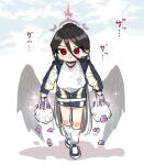  1girl bag black_hair black_wings blue_archive breasts closed_mouth clouds feathered_wings full_body halo hasumi_(blue_archive) hasumi_(track)_(blue_archive) holding jacket large_breasts long_hair long_sleeves low_wings plastic_bag plue_ral ponytail red_eyes shirt shoes shorts sky socks solo sparkle walking white_shirt white_socks wings 
