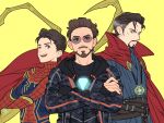  3boys animal_print arc_reactor avengers:_infinity_war avengers_(series) belt black_belt black_hair black_shirt blue_bodysuit blue_shirt bodysuit brown_eyes brown_hair cloak closed_mouth crossed_arms doctor_strange facial_hair grey_eyes grey_hair grey_jacket hood hooded_jacket jacket jewelry long_sleeves looking_at_viewer male_focus marvel marvel_cinematic_universe multicolored_hair multiple_boys necklace open_mouth peter_parker red_bodysuit red_cloak shirt short_hair simple_background smile spider-man spider_print spider_web_print standing sunglasses t-shirt teeth tony_stark two-tone_bodysuit two-tone_hair v-shaped_eyebrows yellow_background yukko93 
