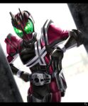  1boy absurdres armor backlighting black_armor commentary compound_eyes decadriver driver_(kamen_rider) english_commentary forehead_jewel green_eyes hand_on_own_hip highres kamen_rider kamen_rider_dcd kamen_rider_decade letterboxed pink_armor reiei_8 rider_belt shoulder_armor solo upper_body 