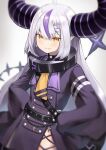  1girl ahoge ascot black_horns braid braided_bangs chain collar grey_hair hands_on_own_hips highres hololive horns la+_darknesss la+_darknesss_(1st_costume) long_hair metal_collar multicolored_hair pointy_ears purple_hair sleeves_past_fingers sleeves_past_wrists streaked_hair striped_horns v2_(pixiv_84041087) virtual_youtuber yellow_ascot yellow_eyes 