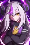  1girl ahoge ascot black_horns braid braided_bangs collar crossed_arms grey_hair highres hololive horns la+_darknesss la+_darknesss_(1st_costume) long_hair metal_collar moromoro_(mromro1129) multicolored_hair pointy_ears purple_hair sleeves_past_fingers sleeves_past_wrists slit_pupils streaked_hair striped_horns virtual_youtuber yellow_ascot yellow_eyes 