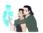  2boys arc_reactor bare_shoulders black_hair black_tank_top brown_hair closed_eyes collared_shirt cup facial_hair fingernails green_eyes green_sweater hands_up holding holding_cup holographic_monitor hug hug_from_behind loki_(marvel) long_sleeves looking_at_another male_focus marvel marvel_cinematic_universe medium_hair multiple_boys murdermuffinloki open_mouth shirt short_hair simple_background smile standing sweater tank_top teeth tongue tony_stark white_background white_shirt 