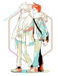  2boys ahoge alternate_costume bag blush danganronpa_(series) danganronpa_2:_goodbye_despair english_text from_side hinata_hajime holding_hands implied_yaoi jacket komaeda_nagito long_sleeves looking_at_another looking_at_viewer messy_hair multiple_boys open_clothes open_jacket open_mouth pants scarf shoes short_hair shoulder_bag smile white_background winter_clothes yukari_(y_u_k_ari) 