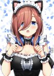  animal_ears black_ribbon blue_eyes blush brown_hair cat_ears go-toubun_no_hanayome headphones headphones_around_neck hiroki_(hirokiart) maid nakano_miku open_mouth paw_pose petals ribbon 