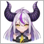  1girl ascot bare_shoulders black_horns braid braided_bangs detached_sleeves dot_keter grey_hair highres hololive horns la+_darknesss la+_darknesss_(1st_costume) long_hair looking_at_viewer multicolored_hair on_head pointy_ears purple_hair solo streaked_hair striped_horns yellow_ascot yellow_eyes 