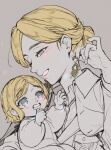  2girls baby_carry blonde_hair blue_eyes blush carrying christa_renz collared_jacket earrings eyelashes grfaott happy jacket jewelry mother_and_daughter motherly multiple_girls one_eye_closed partially_colored shingeki_no_kyojin short_hair upper_body 