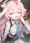 1girl 1other ahoge blue_archive cheek_squash closed_eyes fang hair_between_eyes hair_flaps halo highres hoshino_(blue_archive) huge_ahoge light_blush liyom long_hair open_mouth pink_hair pink_halo 