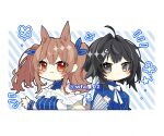  2girls :3 angelina_(arknights) animal_ears arknights bare_shoulders black_hair blue_dress blush breasts closed_mouth commentary_request dot_mouth dress extra_ears fox_ears fox_girl hair_ornament hairclip itsuki_02 la_pluma_(arknights) large_breasts looking_at_viewer medium_hair multiple_girls red_eyes short_hair 