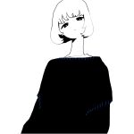  1girl absurdres black_eyes bob_cut closed_mouth earrings half-closed_eyes highres jewelry long_neck long_sleeves looking_at_viewer monochrome original short_hair simple_background solo spot_color sweater tatamipi upper_body white_background 