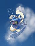  1boy aluuuuu721 blue_sky closed_eyes commentary_request disembodied_limb gloves goggles highres kirby_(series) magolor male_focus pom_pom_(clothes) scarf sky snowboard snowboarding solo 