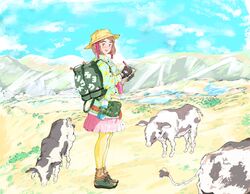  1girl absurdres backpack bag black_footwear black_gloves blue_sky blush brown_hair brown_socks cow gloves highres holding holding_pen kawatsu_yuuki medium_hair mountain open_mouth original pen pink_skirt pleated_skirt shoes skirt sky smile socks solo wide_shot yellow_headwear 