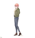  1girl brown_footwear denim down_jacket full_body go-toubun_no_hanayome green_jacket hands_in_pockets high_heels highres hood hooded_jacket jacket jeans looking_at_viewer nakano_ichika open_clothes open_jacket pants pink_hair ricky_(haye4843) short_hair signature simple_background smile solo standing sweater turtleneck turtleneck_sweater violet_eyes white_background yellow_sweater 