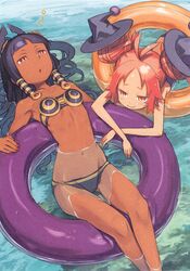  2girls :o black_hair crossed_arms dark-skinned_male dark_skin double_bun egyptian_clothes from_above hair_bun hat innertube kuroboshi_kouhaku long_hair magnofica_(sacred_blazer) multiple_girls nail_polish navel non-web_source official_art partially_submerged pink_eyes pink_hair red_eyes red_nails sacred_blaze scan shamana_(sacred_blaze) smile swimsuit water witch_hat 