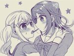  2girls bang_dream! blush bow bowtie food hair_ears hand_on_another&#039;s_shoulder ichigaya_arisa imminent_kiss looking_at_another medium_hair multiple_girls nanatsu728 pocky pocky_kiss sailor_collar school_uniform sidelocks star_(symbol) toyama_kasumi twintails yuri 