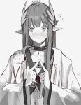  1girl :&gt; arknights blush collar commentary donata_(donatasama) embarrassed flying_sweatdrops highres lab_coat laurel_crown long_hair monochrome muelsyse_(arknights) own_hands_together pointy_ears sideways_glance simple_background sketch solo sweat upper_body white_background 