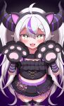  1girl alternate_costume alternate_hairstyle animal_ears animal_hands belt black_horns braid braided_bangs cat_ears fake_animal_ears fangs gloves grey_hair highres hololive horns la+_darknesss long_hair moromoro_(mromro1129) multicolored_hair paw_gloves pointy_ears purple_belt purple_hair skirt streaked_hair striped striped_gloves striped_horns thigh-highs twintails virtual_youtuber 