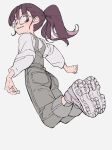  1girl from_behind full_body glasses grey_footwear grey_overalls grin highres legs_up midair original overalls poca38 ponytail purple_hair shirt short_eyebrows simple_background smile solo violet_eyes white_shirt 