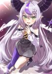 1girl ahoge ankle_cuffs ascot bare_shoulders black_horns black_nails braid braided_bangs detached_sleeves fang grey_hair highres hololive horns la+_darknesss la+_darknesss_(1st_costume) long_hair multicolored_hair pointy_ears purple_hair purple_thighhighs qussie single_thighhigh skin_fang sleeves_past_fingers sleeves_past_wrists streaked_hair striped_horns thigh-highs virtual_youtuber yellow_ascot yellow_eyes 