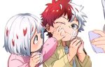  1boy 1girl 1other boku_no_hero_academia brother_and_sister grey_eyes hand_on_another&#039;s_face highres holding long_sleeves multicolored_hair nishino_(fetv8484) one_eye_closed pink_shirt redhead shirt siblings todoroki_fuyumi todoroki_touya two-tone_hair white_background white_hair yellow_shirt 