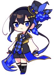  1girl argyle_clothes argyle_hat black_boots black_hair black_hat black_necktie black_shorts black_vest blue_eyes blue_necktie blush boots checkered_necktie chibi chibi_only closed_mouth commentary_request double-parted_bangs full_body hair_between_eyes hat legwear_garter long_hair long_sleeves mini_hat mini_top_hat necktie nise_dorothia open_clothes open_vest original outline shirt shorts simple_background solo standing top_hat transparent_background two-tone_necktie vest white_outline white_shirt 