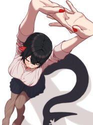  1girl arms_up black_hair black_pantyhose blush breasts closed_eyes colored_inner_hair commentary_request ellen_joe ellen_joe_(on_campus) fins fish_tail from_above highres jinka_(acdx7375) large_breasts mole mole_under_eye multicolored_hair official_alternate_costume open_mouth pantyhose red_hair shadow shark_girl shark_tail shirt short_hair sitting skirt solo stretching tail white_shirt zenless_zone_zero 