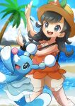  absurdres bare_shoulders black_hair blue_eyes blue_sky brionne clouds commentary_request fang grey_eyes hat highres horizon long_hair open_mouth palm_tree pokemon pokemon_(game) pokemon_usum refisa seal_(animal) selene_(pokemon) shorts sky smile sunlight teeth tree upper_teeth_only water 