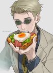  1boy bacon blonde_hair blue_shirt bread cheese collared_shirt eating egg food fried_egg goggles grey_suit highres holding holding_food jacket jujutsu_kaisen lettuce long_sleeves looking_at_viewer male_focus nanami_kento necktie sano_maru shirt short_hair solo suit teeth upper_body upper_teeth_only yellow_necktie 