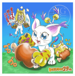  anniversary blue_eyes boned_meat border cat commentary_request digimon digimon_(creature) evolutionary_line food full_body highres meat nefertimon nyaromon solo_focus tailmon vgz083 watermark white_border 