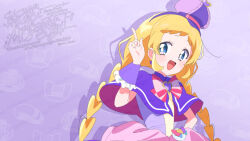  1girl :d blonde_hair blue_eyes bow bowtie braid bright_pupils caipirinha_(meme) capelet commentary_request cure_friendy dress frilled_wrist_cuffs frills hairband hand_up index_finger_raised inukai_iroha long_hair looking_at_viewer magical_girl meme open_mouth pink_bow pink_bowtie precure purple_background purple_capelet purple_dress purple_hairband serizawa_serizane smile solo striped_bow striped_bowtie striped_clothes upper_body watermark white_pupils wonderful_precure! wrist_cuffs 