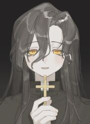  1boy black_hair cassock commission cross curtained_hair degrees_of_lewdity dot_nose double-parted_bangs fingernails hair_between_eyes high_collar highres holding holding_cross long_hair long_hair_between_eyes long_sidelocks male_focus mumukyabi open_mouth parted_hair portrait second-party_source sidelocks solo straight-on sydney_(degrees_of_lewdity) sydney_(male)_(degrees_of_lewdity) yellow_eyes 