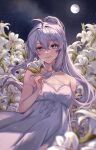 1girl bare_shoulders breasts chikenryice closed_mouth dress flower grey_eyes grey_hair hair_between_eyes hair_ornament highres holding holding_flower long_hair medium_breasts original smile solo white_dress 