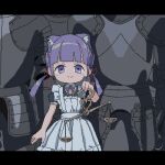  1girl animal_ears apron armor balance_scale blunt_bangs cat_ears commentary_request detached_collar eyebrows_hidden_by_hair hair_ribbon holding letterboxed lowres maid maid_apron original purple_hair purple_nails ribbon rokuro-chan rokuro_no_mawashimono smile solo twintails violet_eyes weighing_scale 