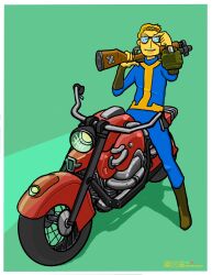  1boy absurdres adjusting_eyewear blonde_hair blue-tinted_eyewear blue_jumpsuit boots brown_boots combat_shotgun_(fallout) fallout fallout_4 fritzyhoho full_body green_background gun highres holding holding_gun holding_weapon jumpsuit lone_wanderer_(vehicle)_(fallout) male_focus motor_vehicle motorcycle over_shoulder pip_boy shotgun smile solo sunglasses tinted_eyewear vault_suit weapon weapon_over_shoulder 