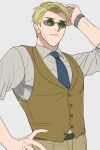  1boy blonde_hair blue_necktie brown_vest buttons collared_shirt goggles highres jujutsu_kaisen looking_at_viewer male_focus nanami_kento necktie sano_maru shirt short_hair solo vest watch white_shirt 