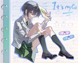  1girl absurdres baby_animal bandaid bang_dream! bang_dream!_it's_mygo!!!!! bird black_shoes black_socks blazer blue_outline buttons chinese_commentary closed_mouth collared_shirt commentary_request english_text floating full_body green_necktie green_skirt grey_hair grey_jacket hair_between_eyes hand_on_own_leg haneoka_school_uniform highres holding holding_notebook jacket kneehighs knees_up koko52ay lapels lined_paper loafers long_sleeves looking_at_viewer miniskirt necktie notched_lapels notebook object_on_head outline paper_background penguin penguin_chick penguin_print pleated_skirt print_bandaid red_eyes school_uniform shirt shoes short_hair skirt socks solo star_(symbol) striped_clothes striped_necktie takamatsu_tomori translation_request white_shirt winter_uniform wire_binding 