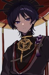  1boy bishounen black_bodysuit black_hair black_kimono black_sleeves blunt_ends bodysuit closed_mouth commentary_request expressionless eyeliner genshin_impact gold hat highres japanese_clothes jewelry jingasa juban kimono looking_at_viewer makeup male_focus mandarin_collar mitsudomoe_(shape) neck_ring open_clothes open_kimono portrait purple_rope red_hat red_kimono rope scaramouche_(genshin_impact) shimenawa solo split_mouth tassel three-quarter_sleeves tomoe_(symbol) tsurime violet_eyes wakimogu white_background white_kimono white_rope 