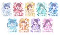  1girl 6+girls :d absurdres animal_ears black_hair blue_eyes bow brown_eyes brown_hair cat_ears character_name commentary dress earrings english_commentary food food-themed_earrings frills fruit green_eyes hair_bow hair_ornament hairband happy_(happi_illust) heart highres hood jewelry large_variant_set lolita_fashion long_hair long_sleeves looking_at_viewer multiple_girls one_eye_closed open_mouth original pastel_colors ribbon short_sleeves skirt smile star_(symbol) sweet_lolita twintails variant_set violet_eyes white_background wrist_cuffs yellow_eyes yume_kawaii 